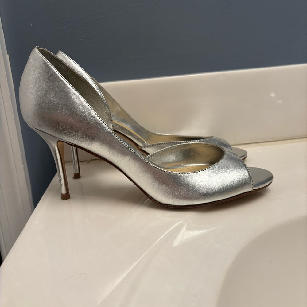 Aldo Shiny Silver Peep-Toe Heels